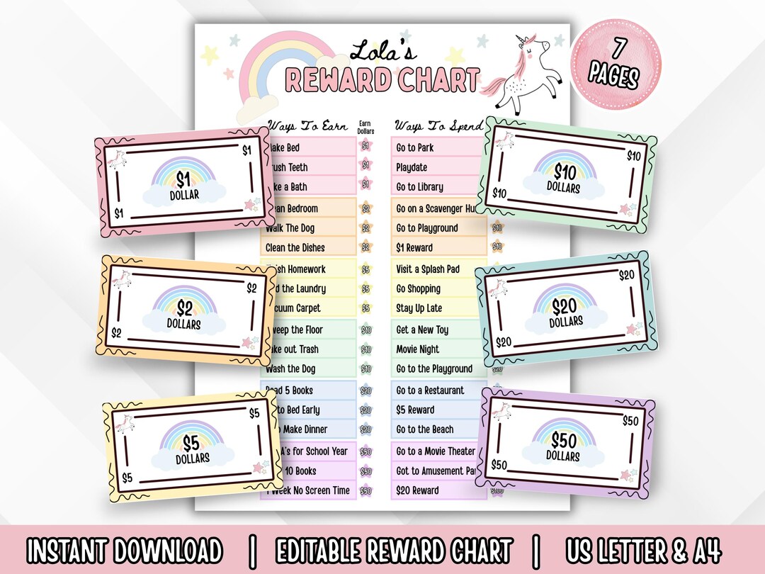 Editable Reward Bucks and Reward Chart for Kids Printable Canva ...