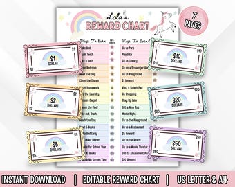 Recompensas editáveis e tabela de recompensas para crianças, modelo para impressão no Canva, tema Unicórnio, download digital instantâneo, pacote de tabela de tarefas
