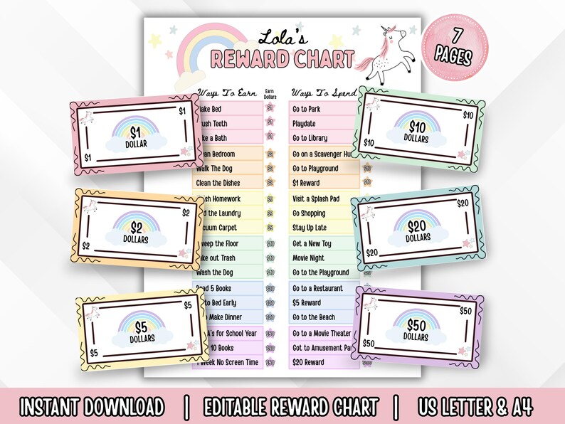 Editable Reward Bucks and Reward Chart for Kids Printable Canva ...