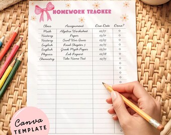 Afdrukbare opdrachttracker: bewerkbare canva-sjabloon voor tieners en studenten, direct digitaal downloaden
