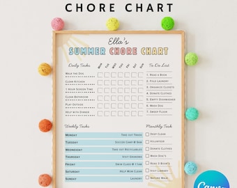 Editable Summer Chore Chart for Kids: Teen Chore Chart Printable Summer Organization Canva Template Instant Digital Download