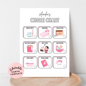 May include: A white chore chart with the text "Amelia's CHORE CHART" and illustrated tasks like brushing teeth, making the bed, and picking up toys. The chart includes a pink "Editable CANVA TEMPLATE" sticker.
