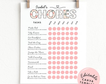 Afdrukbaar takenschema voor tienermeisjes: bewerkbare canva-sjabloon, direct digitaal downloaden