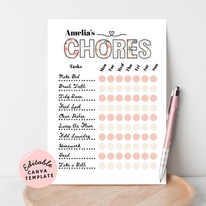 Chore Chart for Teens Editable Canva Template Printable Retro Pink and White Flowers Instant Digital Download