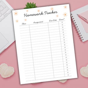 Editable 2-page homework assignment tracker Canva template, US Letter 8.5x11, cute white flower design, editable text page plus blank print-ready page, perfect for tweens, teens, high school and college students, digital download