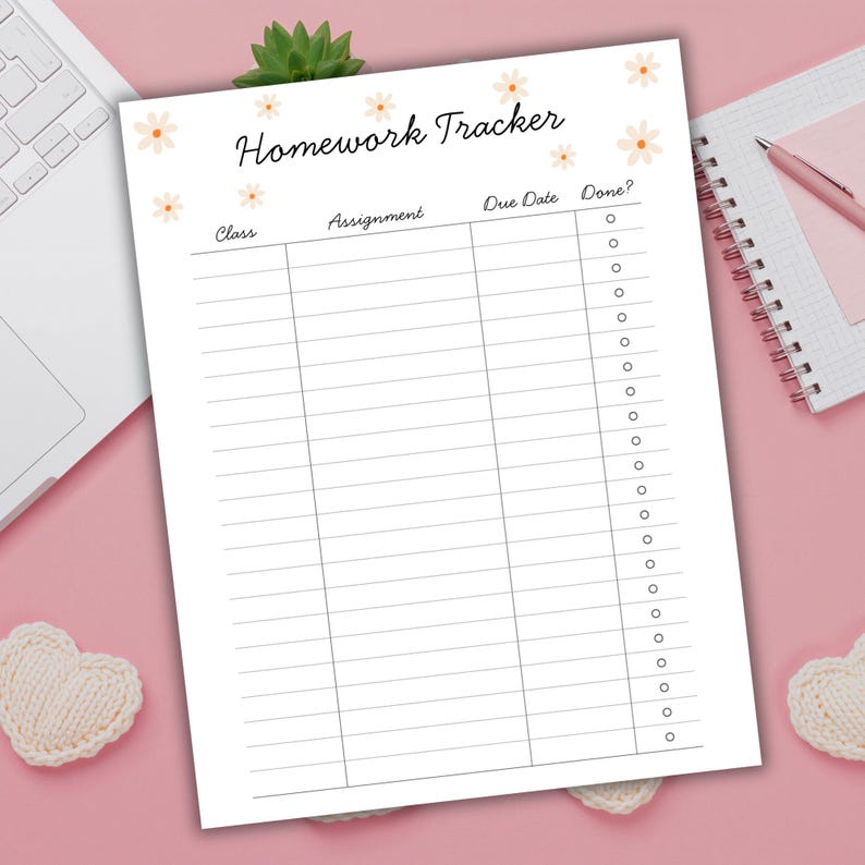 Editable 2-page homework assignment tracker Canva template, US Letter 8.5x11, cute white flower design, editable text page plus blank print-ready page, perfect for tweens, teens, high school and college students, digital download