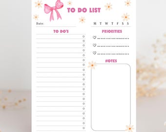 Afdrukbare takenlijst: schattige roze dagelijkse plannerpagina takenlijst met prioriteiten en notities, direct te downloaden