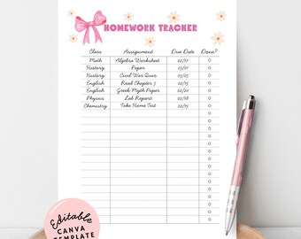 Afdrukbare opdrachttracker: bewerkbare canva-sjabloon voor tieners en studenten, direct digitaal downloaden