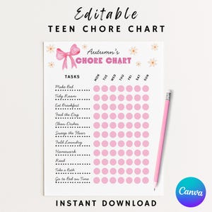 Chore Chart Printable for Teen and Tween Girls: Editable Canva Template Instant Digital Download