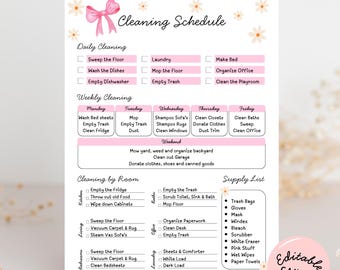 Checklist voor bewerkbare schoonmaakschema's: Leuk dagelijks wekelijks checklist voor huishoudelijke taken, direct digitale download