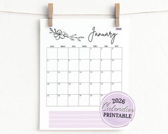 Afdrukbare kalender 2026: Instant digitale download planner invoegen minimalistisch bloemdessin zwart-wit met lavendelaccenten