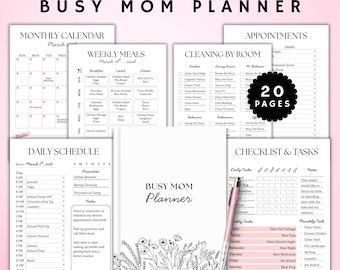Printable Minimalist Busy Mom Planner: Working Mom Planner All in One Planner Daily Weekly Monthly Cleaning Schedule Editable Canva Template