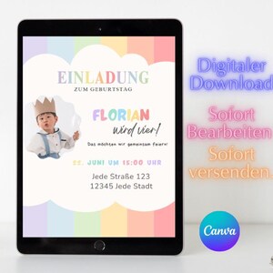 Digital invitation card children&#39;s birthday I Invitation I eCard birthday invitation I Rainbow colorful I WhatsApp Canva