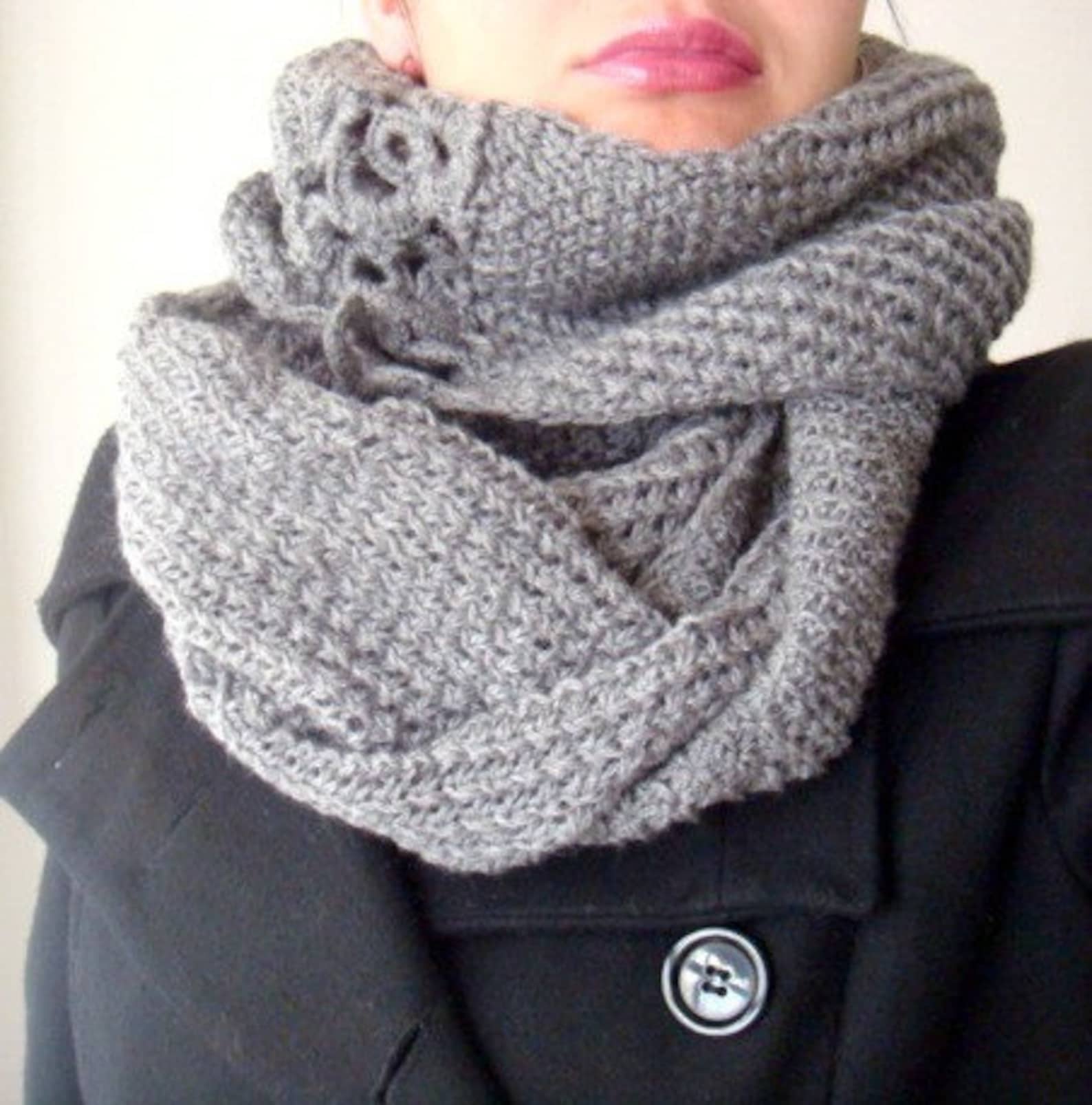 Circle Scarf Knitting Pattern With Crochet Flowers 16 Etsy