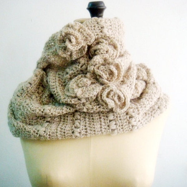 CROCHET Pattern Cowl Infinity Loop Circle Scarf Crocheting Pattern Beige Neutral Rustic Scarf with Roses 8