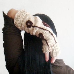 Gloves knitting Pattern Knit Rustic Hand Warmers Fingerless Gloves with Crochet Flowers 9