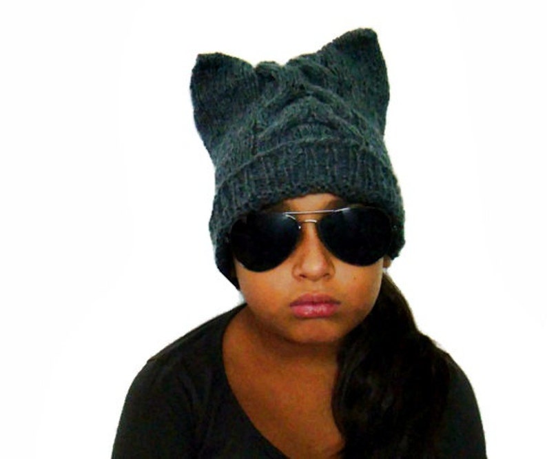 Knit Cat Ear Hat Pattern Anymal Beanie Cabled Slouchy Hat Etsy