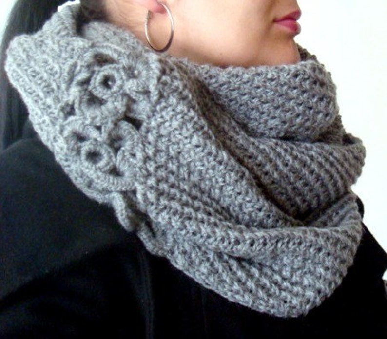 Circle Scarf Knitting Pattern with Crochet Flowers, 16 image 5