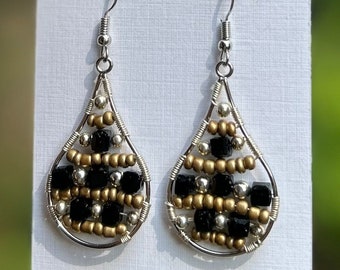 Black  and gold large wrapped  teardrop earrings OOAK