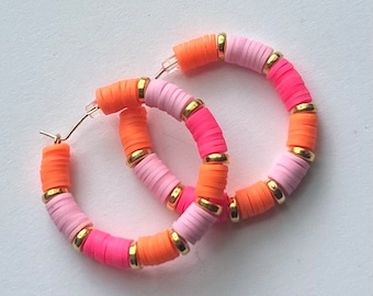 Heishi bead hoop earrings large - Custom Colors- large colorful hoop earrings orange pink gold