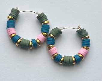 Heishi bead hoop earrings small -  custom color hoop earrings - olive green, pink, blue and gold