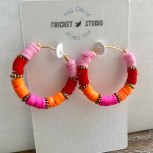 Heishi bead hoop earrings large - Custom Colors- large colorful hoop earrings red orange pink