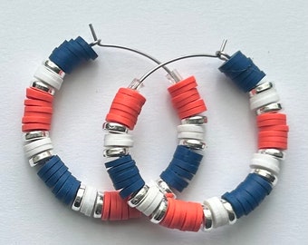 Heishi bead hoop earrings large - Custom Colors- large colorful hoop earrings navy,  coral, white