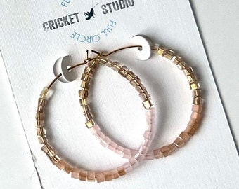 Pink champagne beaded hoop earrings  -  glass bead earring