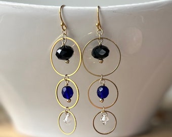 Blue, black and gold triple circle long earrings - OOAK