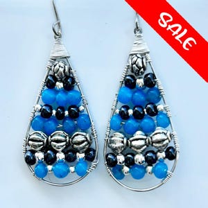 Blue  and Silver wrapped  teardrop earrings