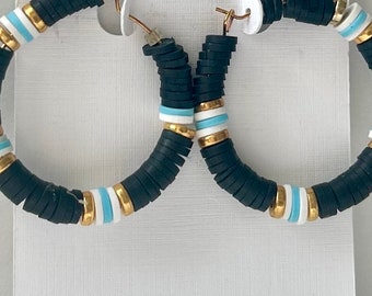 Heishi bead hoop earrings large - Custom Colors- large colorful hoop earrings black white blue gold