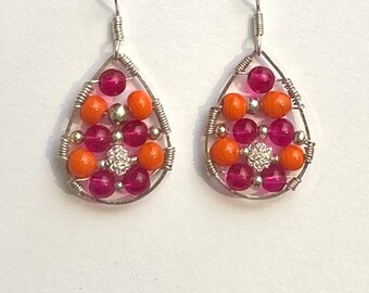 Pink and orange teardrop earrings - silver wire-wrapped teardrop earrings small OOAK