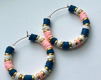 Heishi bead hoop earrings large  - customizable colorful hoop earrings navy pink white gold