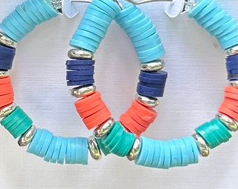 Heishi bead hoop earrings large - Custom Colors- large colorful hoop earrings blue, navy coral green