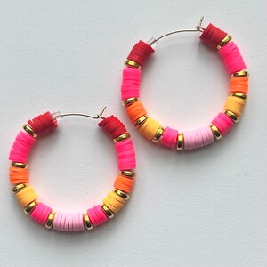 Heishi bead hoop earrings large - Red pink orange yellow gold