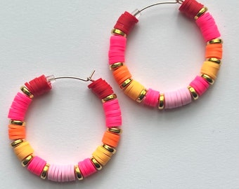 Heishi bead hoop earrings large - Custom Colors- large colorful hoop earrings red orange pink