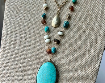 Beaded  wood and turquoise 2 their necklace large earthtone neutral handmade necklace  OOAK