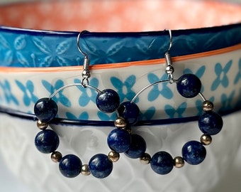 Navy, gold and silver casual beaded hoop earrings - OOAK jewelry