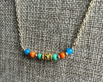 Gold beaded bar necklace with blue, green, orange beads OOAK