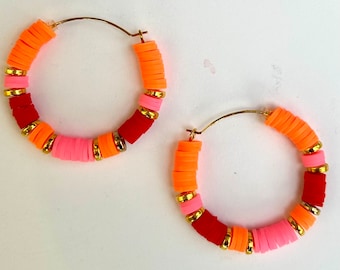 Heishi bead hoop earrings large - Custom Colors- large colorful hoop earrings red orange pink