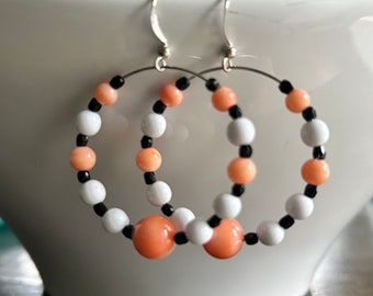 Hoop earrings coral,  black and white large beaded hoop  earrings