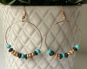 Hoop earrings turquoise, black, gold and wood grain large beaded hoop  earrings