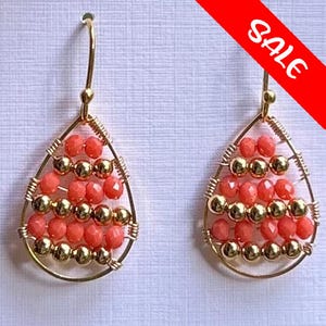 Coral and gold wire-wrapped teardrop earrings small OOAK