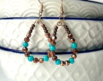 Turquoise and gold beaded teardrop earrings OOAK