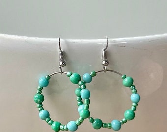 Green and aqua delicate small silver hoop earrings OOAK