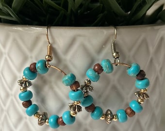 Hoop earrings turquoise, brown and god small beaded hoop  earrings