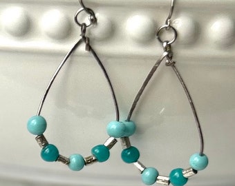 Turquoise and silver beaded teardrop earrings OOAK