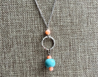 Turquoise, coral and silver beaded  necklace OOAK