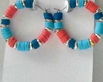 Heishi bead hoop earrings medium - customizable colorful hoop earrings coral, blue and silver