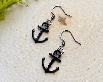 Black Gunmetal Ship Anchor Earrings - Pirate Cosplay / Pirate Earrings / Blackbeard / OFMD